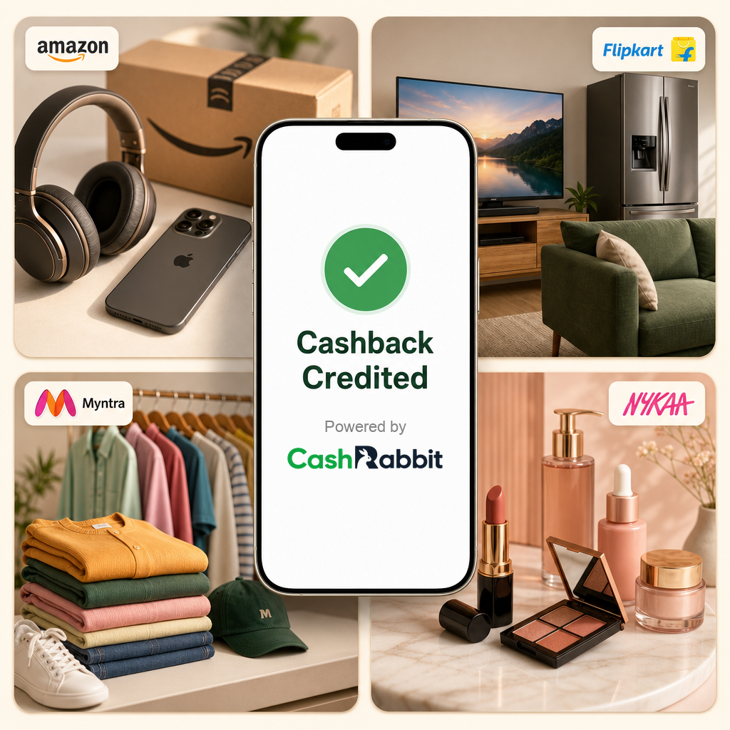 Shop on Amazon, Flipkart, Myntra and Nykaa, and get cashback credited via CashRabbit